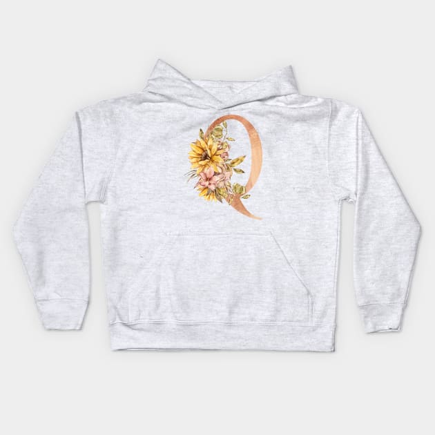 Watercolor sunflower bouquet monogram letter Q Kids Hoodie by tiana geo